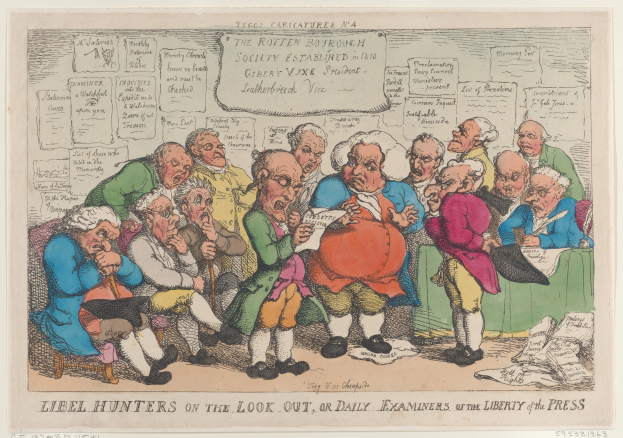 Eine Gruppe von Menschen sitzt um einen Tisch, einer hält ein Papier in der Hand, mit verstreuten Papieren und Gegenständen auf dem Tisch und Text unten mit "Libel Hunters on the Look Out, or Daily Examiners of the Liberty of the Press"