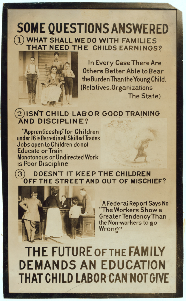 Ein Plakat mit einem hellgelben Hintergrund zeigt eine Gruppe verschiedener Menschen, die zusammen in einem Kreis stehen, mit der Aufschrift 'Die Zukunft der Familie verlangt eine Bildung, die Kinderarbeit nicht geben kann'.