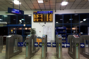 Flughafeneingang mit einem Mann, der neben einer Metalldrehtür steht, Metalldetektoren, Informationsschilder, ein Topf mit einer Pflanze, eine Wandtafel, Deckenleuchten und ein Anzeigebildschirm.