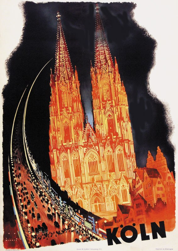 Ein Plakat bewirbt einen Bahnhof in Köln, Deutschland, mit einer Illustration des Kölner Doms mit seinen markanten Türmen und detaillierten Elementen sowie Texten über den Bahnhof und seine Dienstleistungen.