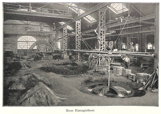 Schwarzes und weißes Foto einer Fabrikhalle mit Arbeitern, die Maschinen bedienen, Metallstangen und -rohre, beschriftet mit "Neue Eisengießerei, die erste Fabrik in Deutschland" unten.