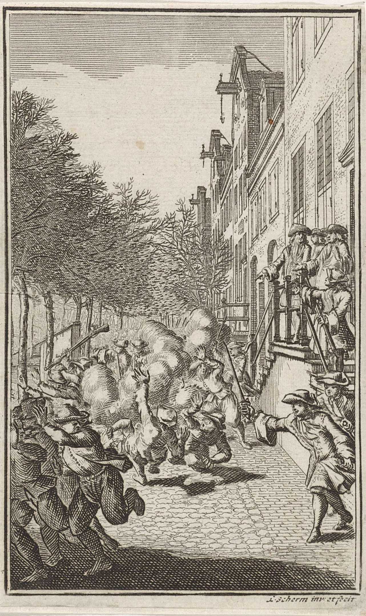 Schwarz-weißer Stich von Menschen, die eine von Bäumen und Gebäuden gesäumte Straße entlangrennen, mit der Beschriftung "L'Scherm im Stiefel - die Belagerung von Amsterdam" unten.