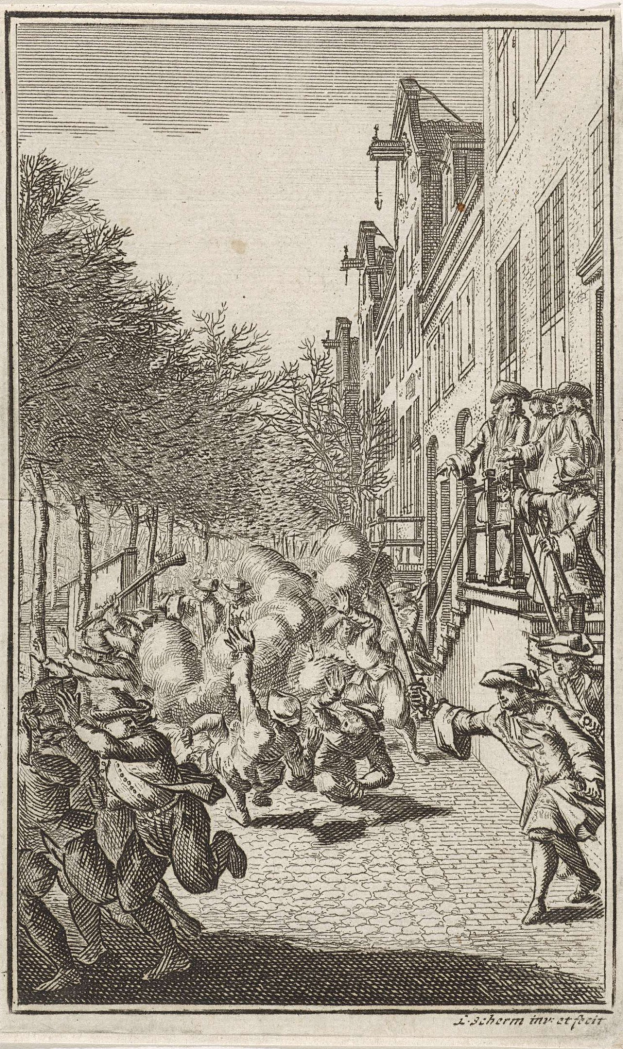 Schwarz-weißer Stich von Menschen, die eine von Bäumen und Gebäuden gesäumte Straße entlangrennen, mit der Beschriftung "L'Scherm im Stiefel - die Belagerung von Amsterdam" unten.