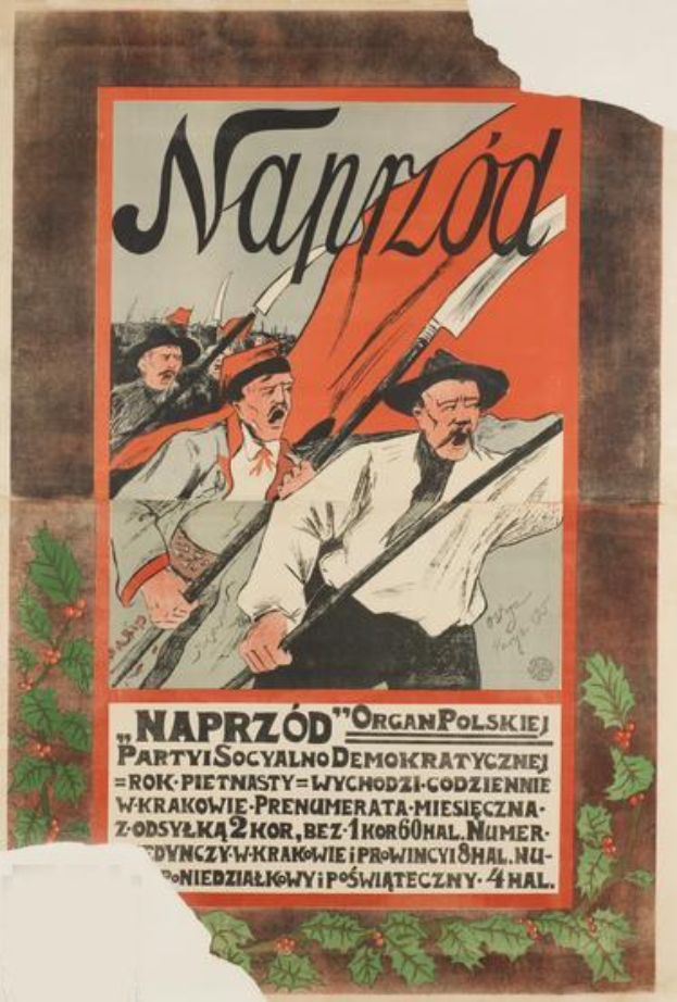 Ein polnisches Propagandaplakat für die polnische Revolution, das einen Mann mit einem menschlichen Gesicht in der Mitte zeigt, mit Text, der Informationen über das Ereignis enthält.