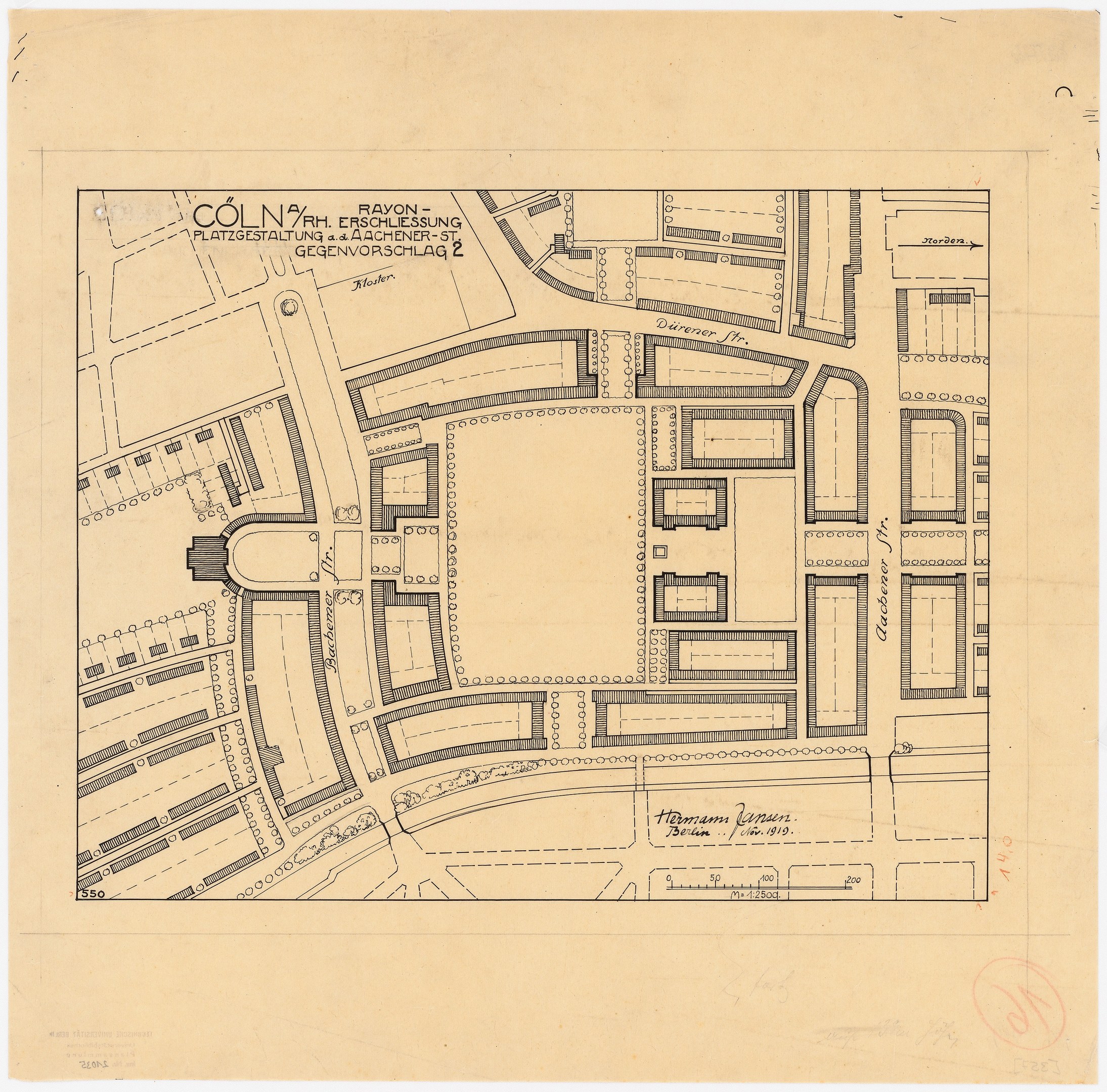 Alte Karte von Köln, Deutschland, zeigt einen detaillierten Gebäudelayoutplan mit handschriftlichen Textanmerkungen.