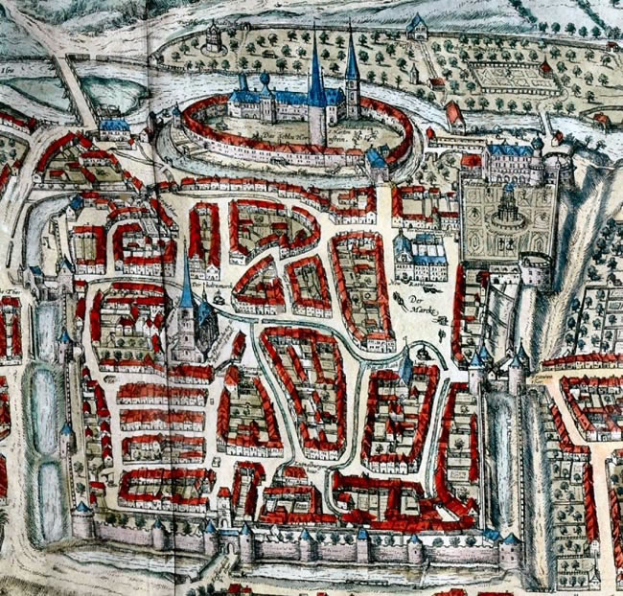 Ein detailliertes altes Stadtplan von Köln, Deutschland, das Straßen, Gebäude, Bäume und Sehenswürdigkeiten mit Textanmerkungen zeigt.