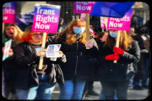 Gruppe von Menschen auf einer Straße mit Schildern und Fahnen, darunter eine Frau und ein Mädchen mit 'Trans-Rechte jetzt'-Schildern, mit einem Gebäude im Hintergrund.