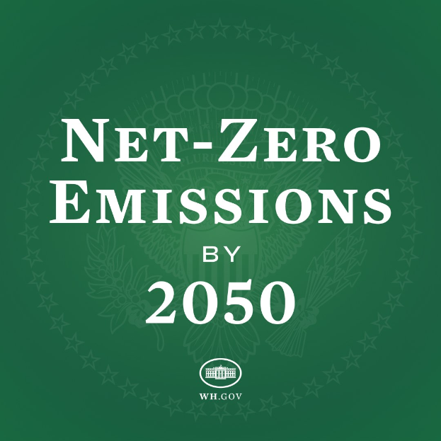 Fetter weißer Text "net-zero emissions by 2050" in der Mitte auf einem festen grünen Hintergrund.