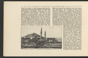 Ein aufgeschlagenes Buch mit einer Moschee-Illustration, umgeben von Gebäuden und Booten auf dem Wasser, mit sichtbarem Text auf der Seite.