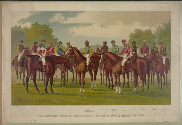 Eine Gruppe von Menschen, die auf einem grünen Feld mit Bäumen und einem blauen Himmel reitet, mit Text unten: "Feier der siegreichen Pferde und Jockeys des American Turf."
