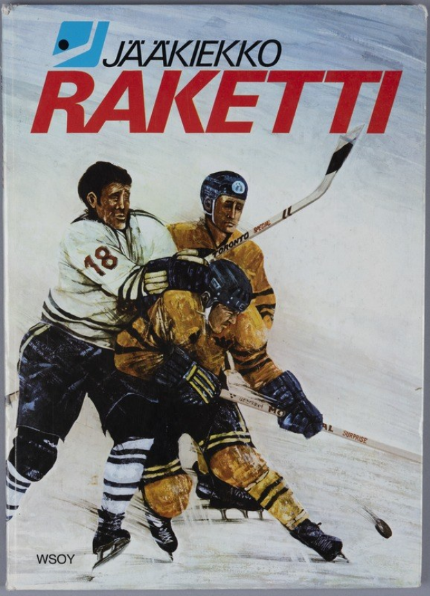 Buchumschlag mit dem Titel "Jääkiekko Raketti", der drei Personen beim Eishockeyspielen mit Hockeystöcken auf einer flachen Oberfläche zeigt.