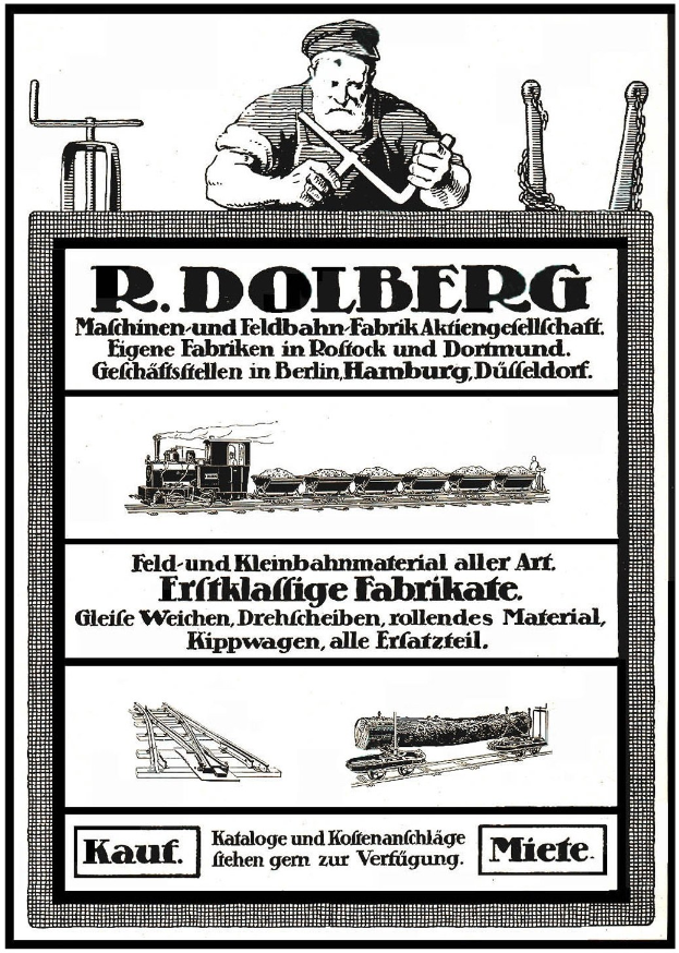 Werbeplakat für die R.D. Dolberg-Fabrik in Hamburg, Deutschland, mit Text, einer Person, einem Zug und anderen Gegenständen.