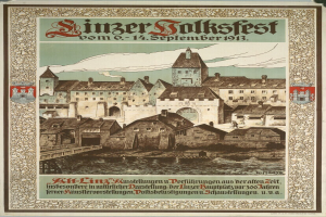 Alte deutsche Festivitätsposter mit einer Burg- und Häuserillustration, begleitet von Text.