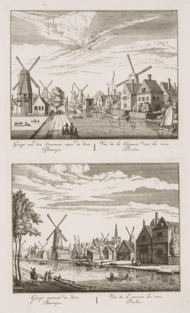 Zwei Windmühlen in den Niederlanden mit Häusern, Bäumen, Menschen und Booten im Vordergrund und einem bewölkten Himmel im Hintergrund, mit Text am unteren Bildrand.