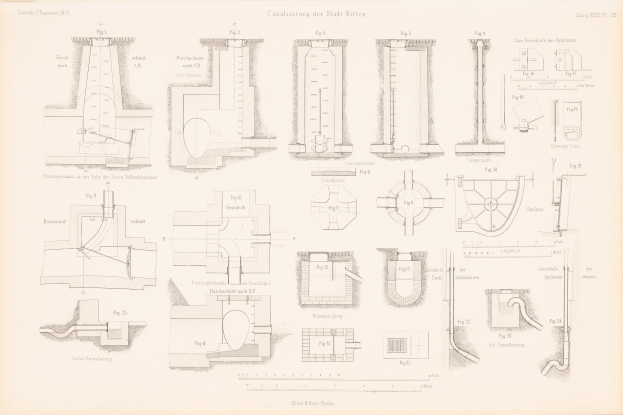 Ausführliche technische Zeichnungen verschiedener Rohre und Ventile auf einer Buchseite, begleitet von erläuterndem Text.