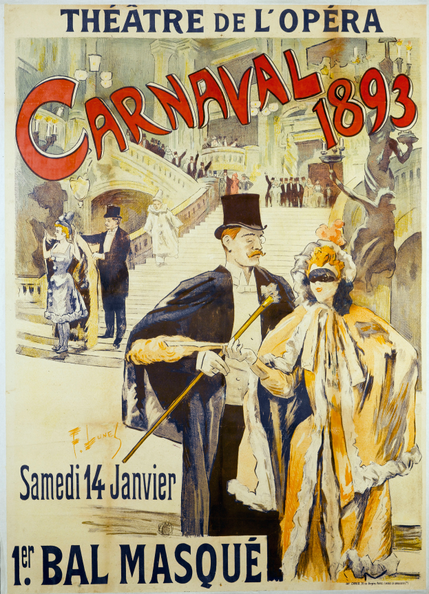 Ein nostalgisches Faschingsplakat aus dem Jahr 1893, das einen Mann mit Zylinder und eine Frau in einem langen Kleid zeigt, die nebeneinander vor einem hellgelben Hintergrund stehen, mit schwarzer Schrift, die das Ereignis beschreibt.