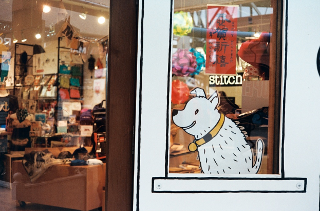 Eine Illustration eines Hundes mit Text auf der rechten Seite und auf der linken Seite ein Raum mit Lichtern, Flaggen, Regalen, Sofas, Kleidung, Dekorationen, Menschen, Stühlen und verschiedenen anderen Gegenständen.