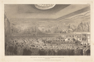 Gravur eines großen Raums mit stehenden und sitzenden Menschen, Fotorahmen an den Wänden und Text unten, der 'Gesellschaft zur Förderung der Künste' lautet.