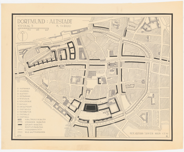 Ein detaillierter alter Stadtplan von Dortmund, Deutschland, der Straßen, Gebäude und Sehenswürdigkeiten mit weißem Hintergrund und informativem Text zeigt.