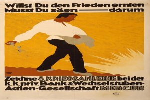 Ein deutsches Propagandaplakat für die Bank von Deutschland, das einen Mann in einem weißen Hemd und schwarzen Hosen zeigt, mit Text, der Informationen über die Bank und ihre Dienstleistungen enthält.