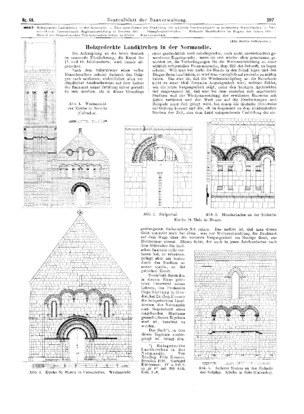 Eine Seite aus einem Buch mit einer Zeichnung der Kirche St. Martin in Columbelles, Deutschland, mit zahlreichen Fenstern und Bögen, begleitet von beschreibendem Text.