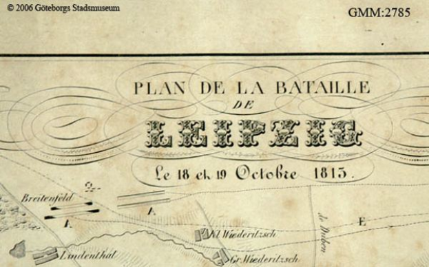 Ein detaillierter alter Stadtplan der Schlacht von Leipzig, der verschiedene Kämpfe zeigt und mit Texten über das Datum, die Uhrzeit und den Ort annotiert ist.