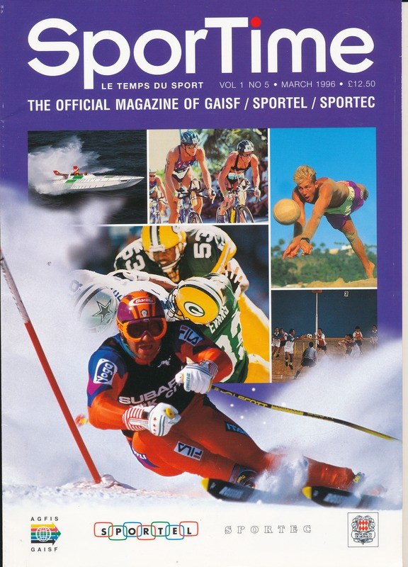 Ein Magazin-Cover mit der Überschrift 'Sporttime Magazine - März 1996' mit Bildern von Skifahren und Snowboarden neben Text und Logos.