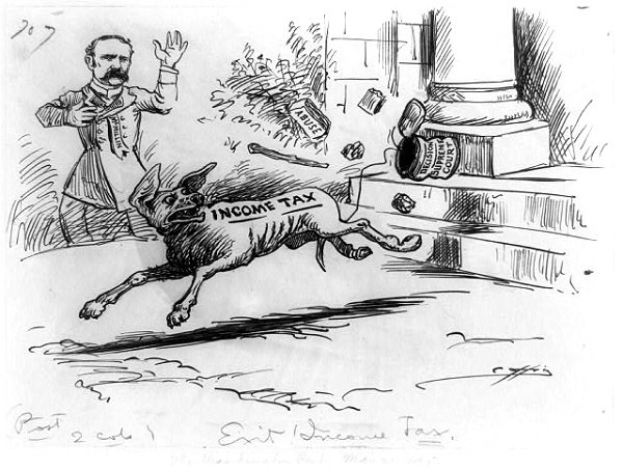 Zeichnung eines Mannes, der vor einem Hund wegläuft, der mit 'Einkommensteuer' beschriftet ist, mit verstreuten Gegenständen im Hintergrund.