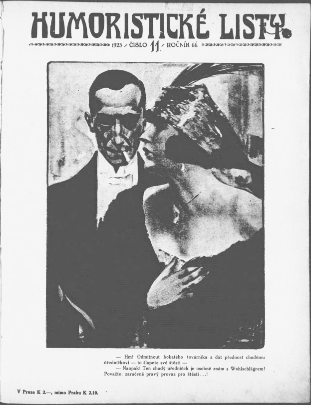 Schwarze und weiße Zeitschriftentitel 'Humoristische Liste' mit einem Mann im Anzug mit ernstem Gesichtsausdruck und einer Frau, die verschmitzt in die Ferne schaut.