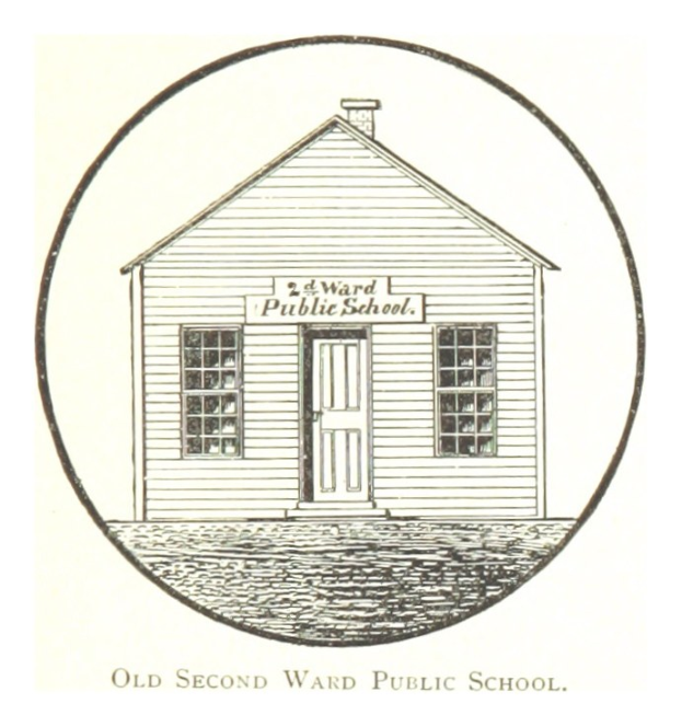 Altes, zweigeschossiges Schulgebäude mit einem zentralen Haus mit einer Tür und Fenstern, das einen klassischen, vintage-Architekturstil zeigt.