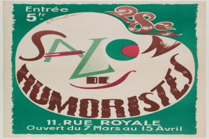 Ein Plakat, das ein Humorsalon in Paris ankündigt und Text zu den Angeboten des Salons enthält.