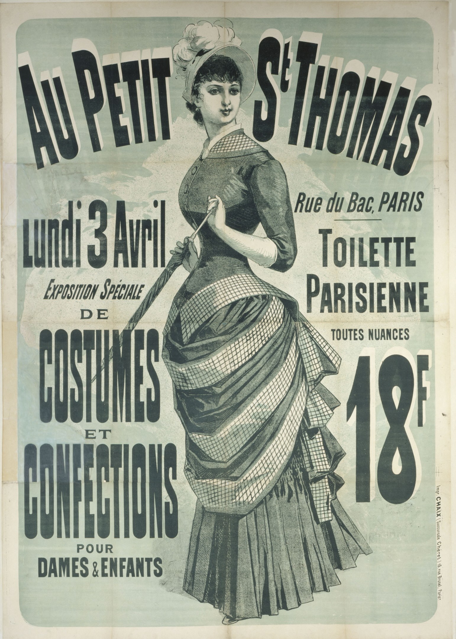 Ein Vintage-Plakat, das eine Kostümvorstellung ankündigt, zeigt eine Frau in einem langen, hochgeschlossenen, langärmeligen Kleid mit einem Dutt, die anmutig mit gefalteten Händen posiert.