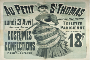 Ein Vintage-Plakat, das eine Kostümvorstellung ankündigt, zeigt eine Frau in einem langen, hochgeschlossenen, langärmeligen Kleid mit einem Dutt, die anmutig mit gefalteten Händen posiert.