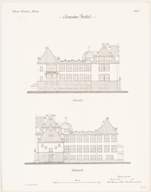 Schwarz-weißer Architekturplan des Chemistes Institut-Gebäudes in den Niederlanden auf einem strukturierten Papier.
