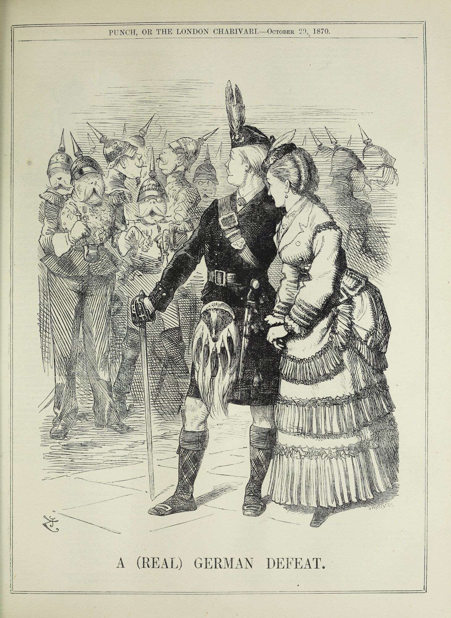 Ein Mann und eine Frau vor einer Menge stehend, wobei der Mann einen Stock hölt, auf einem Papier mit geschriebenen Wörtern und Zahlen, die auf eine deutsche Niederlage hinweisen.