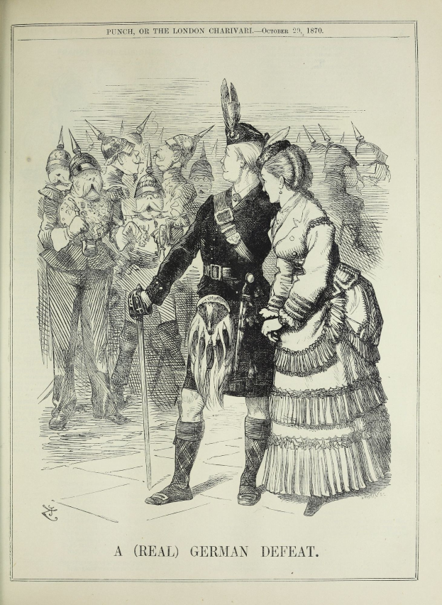 Ein Mann und eine Frau vor einer Menge stehend, wobei der Mann einen Stock hölt, auf einem Papier mit geschriebenen Wörtern und Zahlen, die auf eine deutsche Niederlage hinweisen.