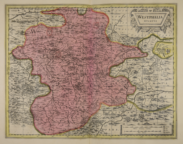 Eine alte Karte von Westfalen, Deutschland, mit den Provinzen des Königreichs England und Wales deutlich sichtbar, auf Papier mit detailliertem Text über die Region gedruckt.
