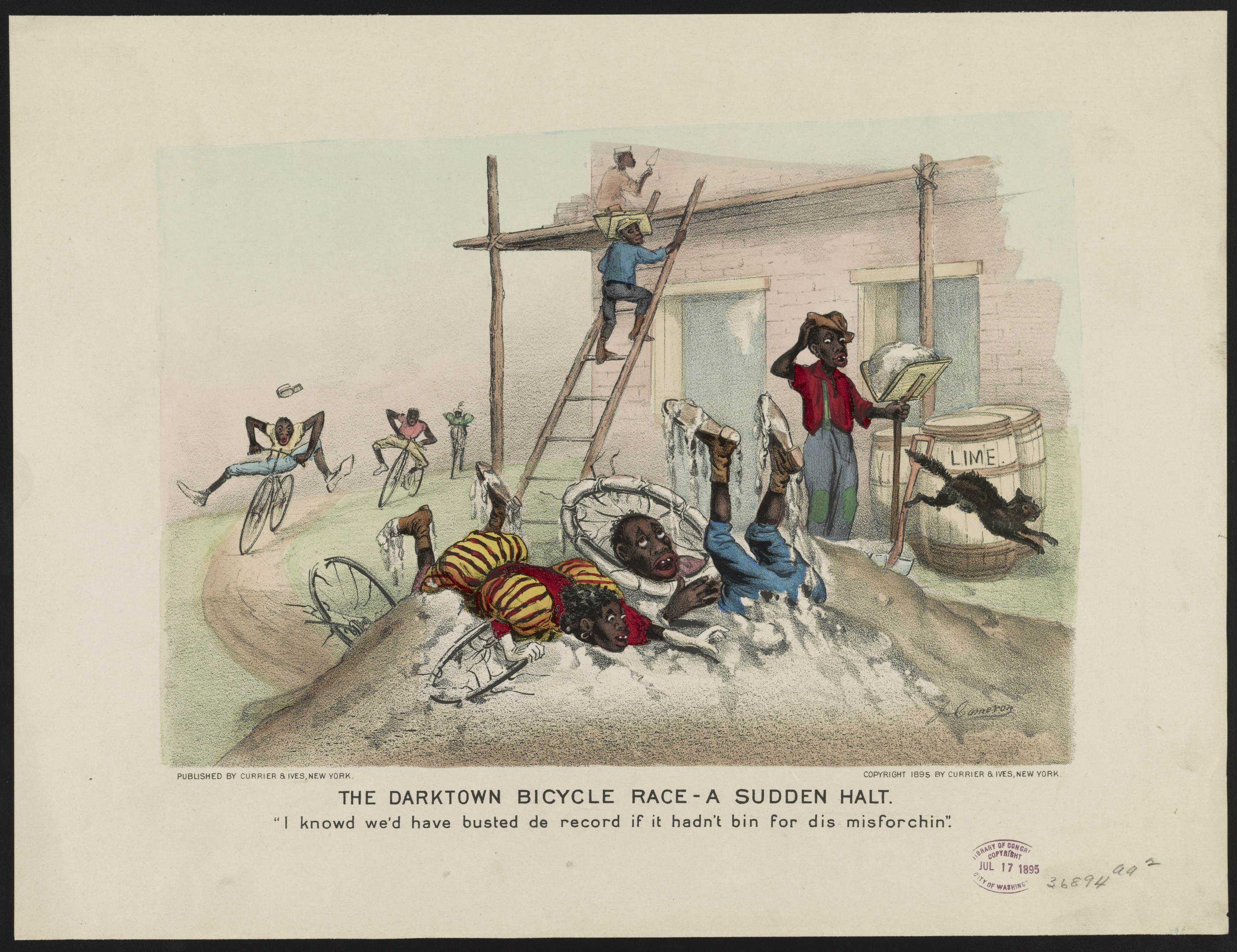 Plakat mit der Aufschrift "The Darktown Bicycle Race - A Sudden Halt", das eine chaotische Szene mit Radfahrern zeigt, die mitten im Rennen angehalten haben, Menschen auf Leitern, ein Gebäude und verschiedene Gegenstände.