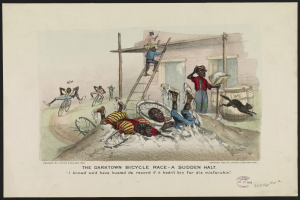 Plakat mit der Aufschrift "The Darktown Bicycle Race - A Sudden Halt", das eine chaotische Szene mit Radfahrern zeigt, die mitten im Rennen angehalten haben, Menschen auf Leitern, ein Gebäude und verschiedene Gegenstände.