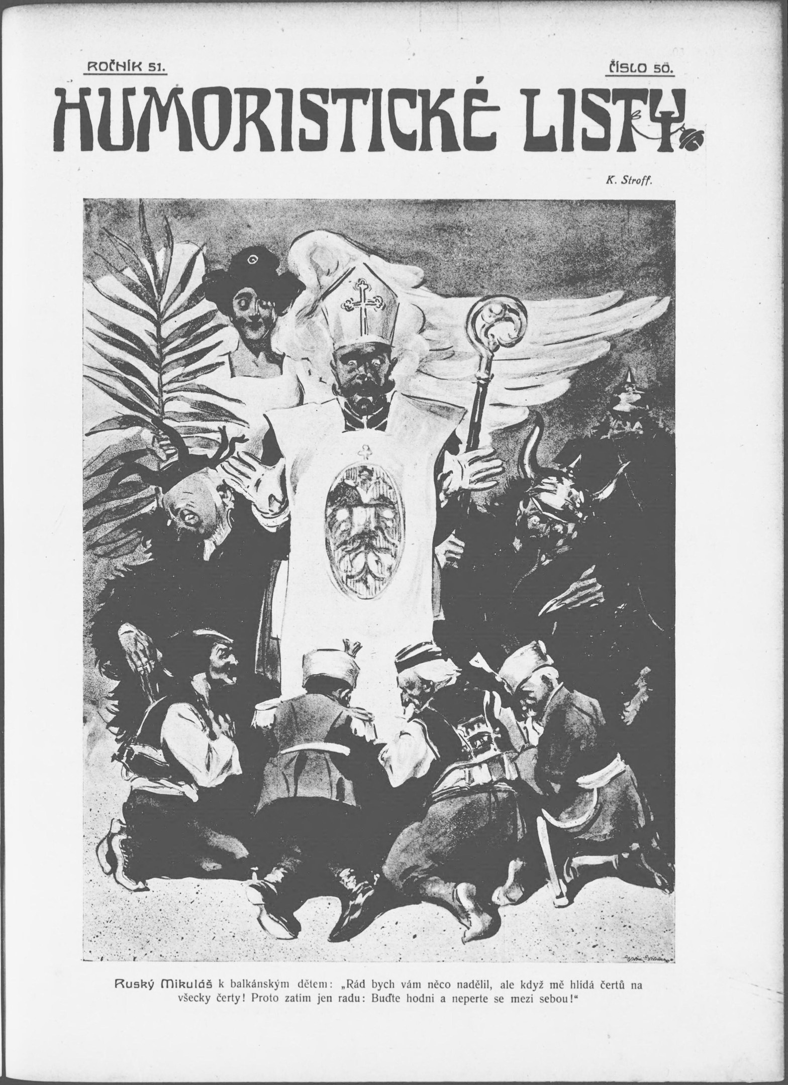 Schwarzes und weißes Foto einer Gruppe von Menschen verschiedenen Alters und Geschlechts, die sich um ein Vintage-Poster mit der Aufschrift 'Humoristische Liste' versammeln.