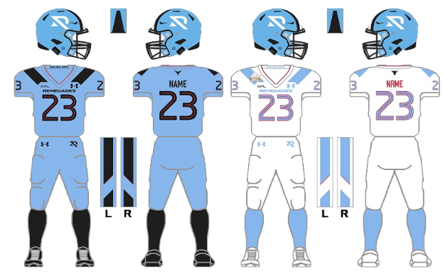 Ein Fußballtrikot in Blau-Weiß mit einem T-Shirt, Shorts und einem Helm, das auf einem weißen Hintergrund mit begleitendem Text dargestellt ist.