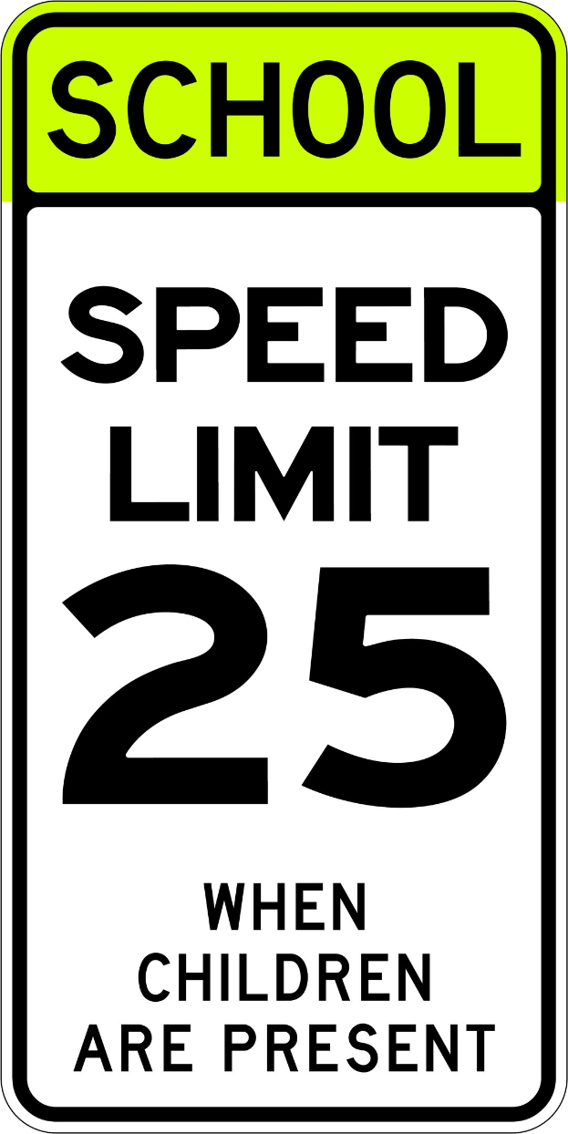 Schwarzes Plakat mit fetter schwarzer Schrift "Schulgeschwindigkeit 25 km/h bei Kindern" auf weißem Hintergrund.