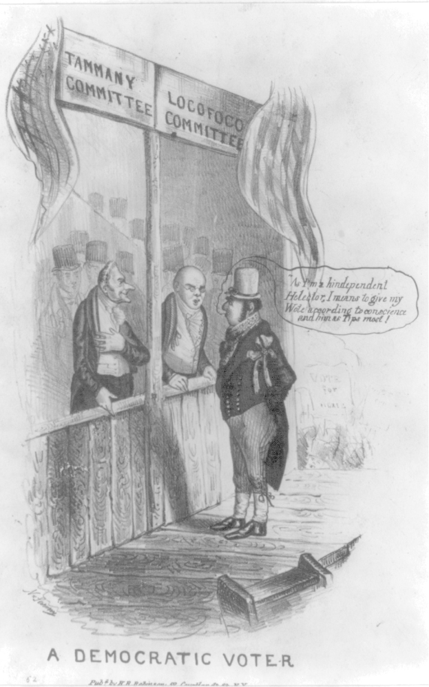 Ein Mann in einem Anzug steht entschlossen vor einer Tür mit der Aufschrift "Ein demokratischer Wähler".