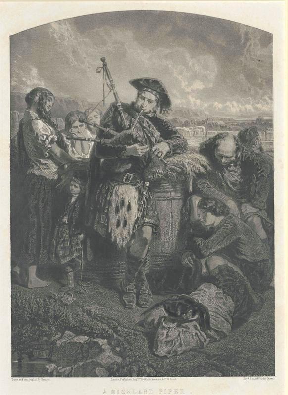 Schwarz-weißes Gravur eines Mannes, der vor einer Gruppe von Menschen eine Dudelsack spielt, mit einem bewölkten Himmel im Hintergrund, beschriftet mit "Ein Highland Pipe" unten.