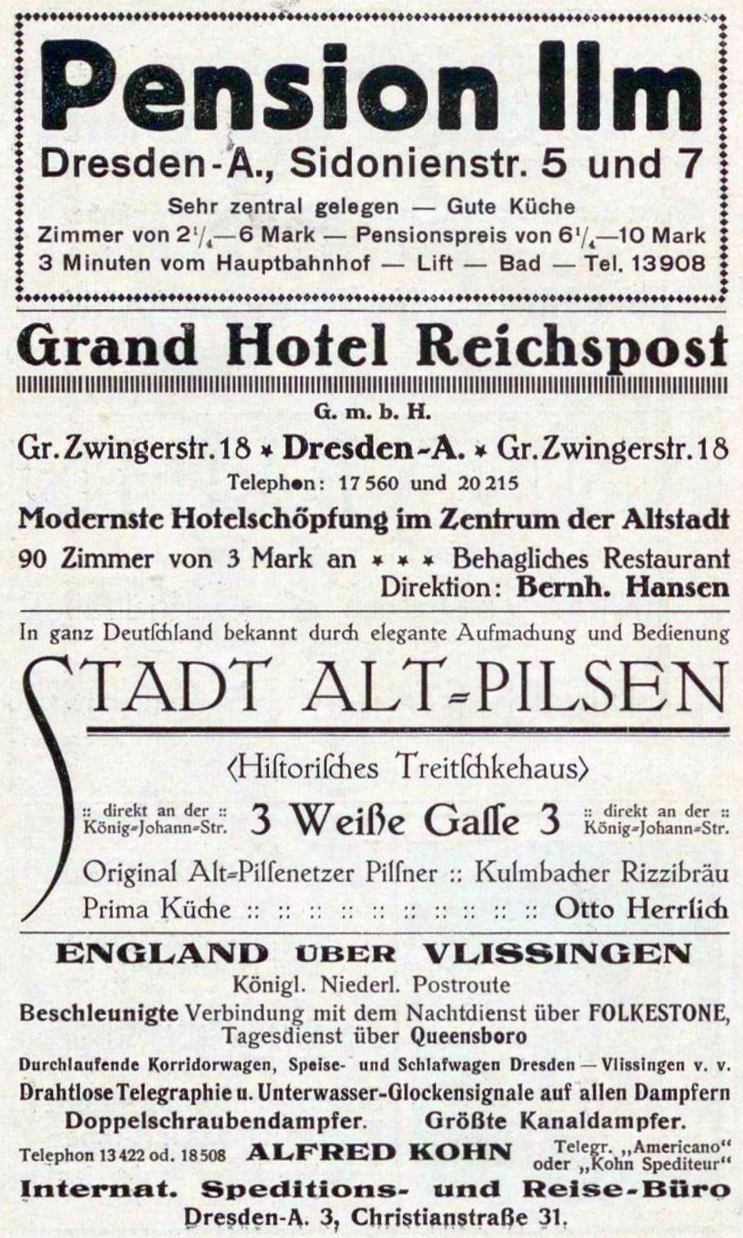 Schwarze und weiße Zeitungsanzeige für das Pensionshaus in Dresden, Deutschland, mit Text auf weißem Hintergrund.