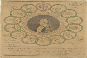 Ein Blatt Papier mit einem Porträt von George Washington in der Mitte, umgeben von einer kreisförmigen Anordnung von US-Münzen mit verschiedenen Designs und Begleittext.