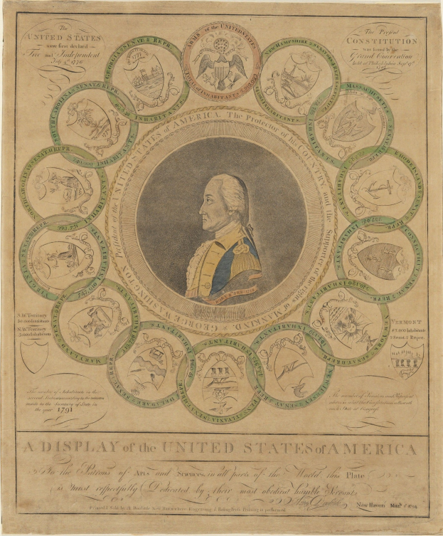 Ein Blatt Papier mit einem Porträt von George Washington in der Mitte, umgeben von einer kreisförmigen Anordnung von US-Münzen mit verschiedenen Designs und Begleittext.