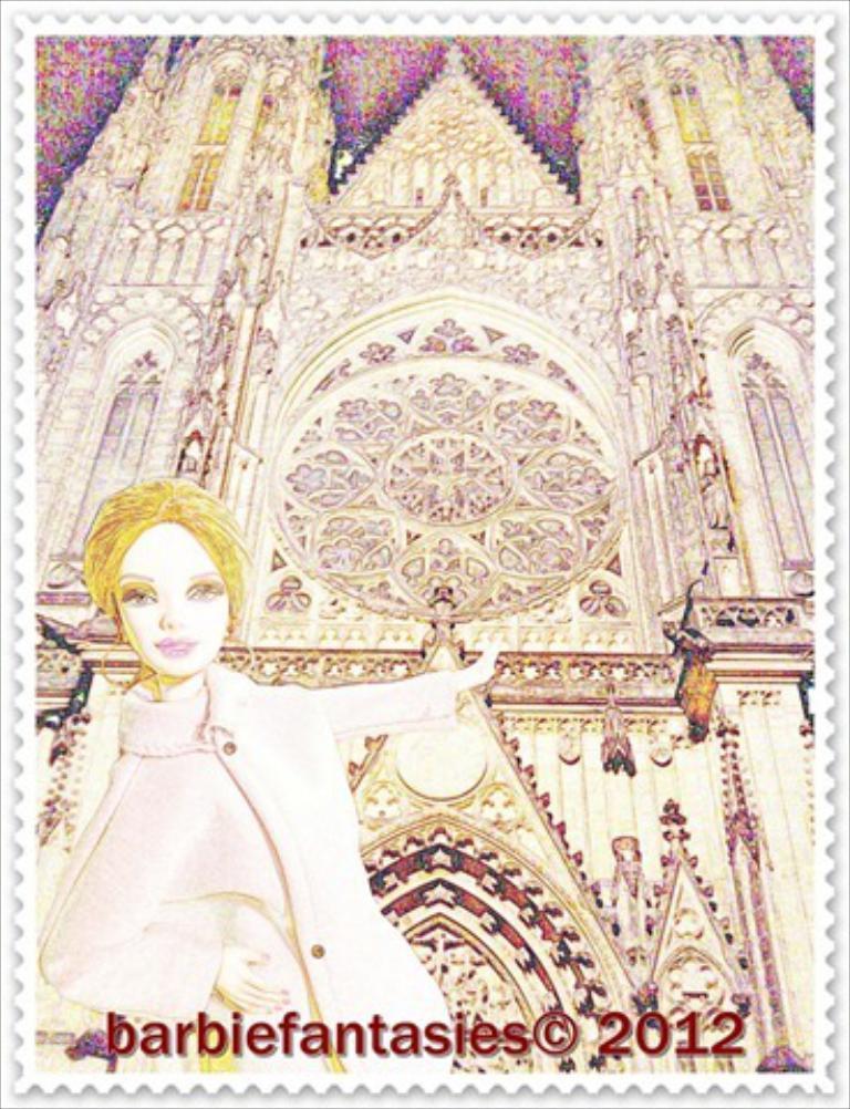 Eine Briefmarke mit dem Bild einer Frau und einem Gebäude mit begleitendem Text.