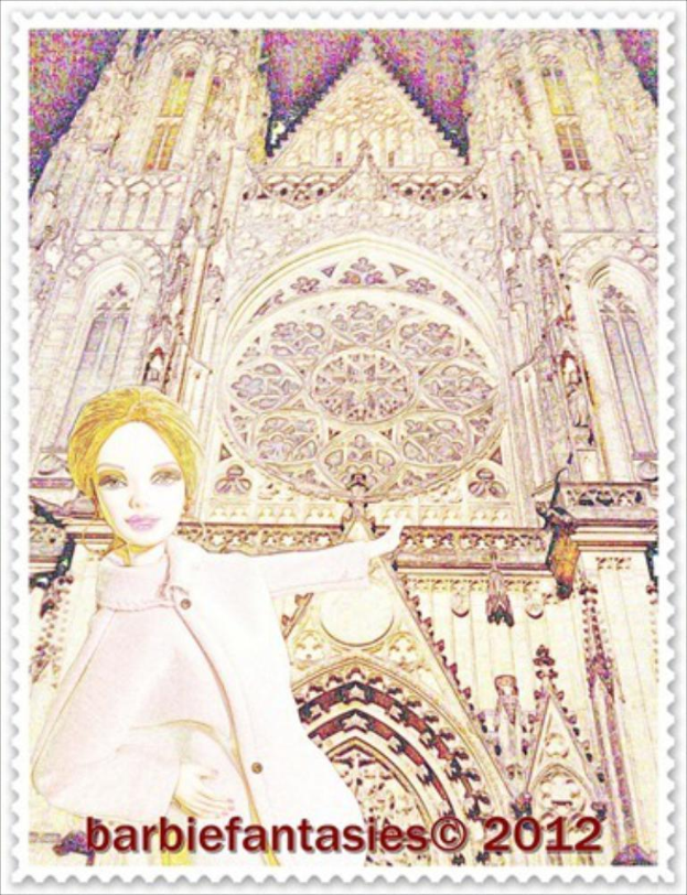 Eine Briefmarke mit dem Bild einer Frau und einem Gebäude mit begleitendem Text.