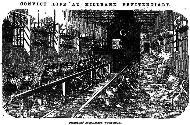 Schwarze und weiße Zeichnung eines Bahnhofs mit Menschen auf verschiedenen Oberflächen, betitelt "Verurteilt Leben in der Millbank-Gefängnis" oben und unten.